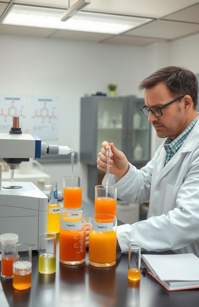 A scientific lab setting featuring a researcher in a lab coat conducting an experiment to determine the concentration of vitamin C in various types of orange juices