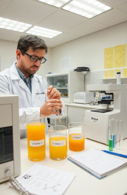 A scientific lab setting featuring a researcher in a lab coat conducting an experiment to determine the concentration of vitamin C in various types of orange juices