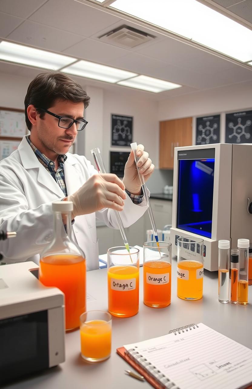 A scientific lab setting featuring a researcher in a lab coat conducting an experiment to determine the concentration of vitamin C in various types of orange juices