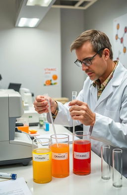 A scientific lab setting featuring a researcher in a lab coat conducting an experiment to determine the concentration of vitamin C in various types of orange juices