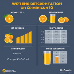 An educational infographic illustrating the written determination of vitamin C concentration in various types of orange juices
