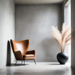 A visually stunning room of architectural concrete, with a soft Venetian plaster wall accented by a leather armchair and a pot plant with pampas grass