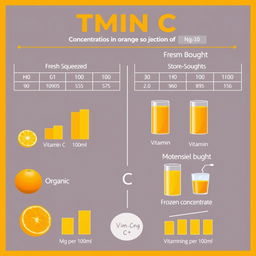 An educational infographic illustrating the written determination of vitamin C concentration in various types of orange juices