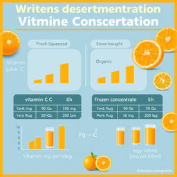 An educational infographic illustrating the written determination of vitamin C concentration in various types of orange juices