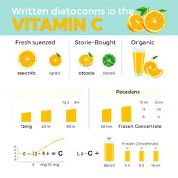 An educational infographic illustrating the written determination of vitamin C concentration in various types of orange juices