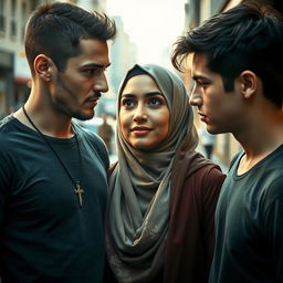 A young, rugged man wearing a cross necklace, a Muslim woman in the center with a warm, inviting expression, and a younger man, slightly younger than the first, positioned to the right