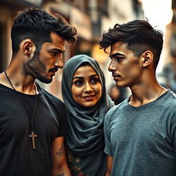 A young, rugged man wearing a cross necklace, a Muslim woman in the center with a warm, inviting expression, and a younger man, slightly younger than the first, positioned to the right