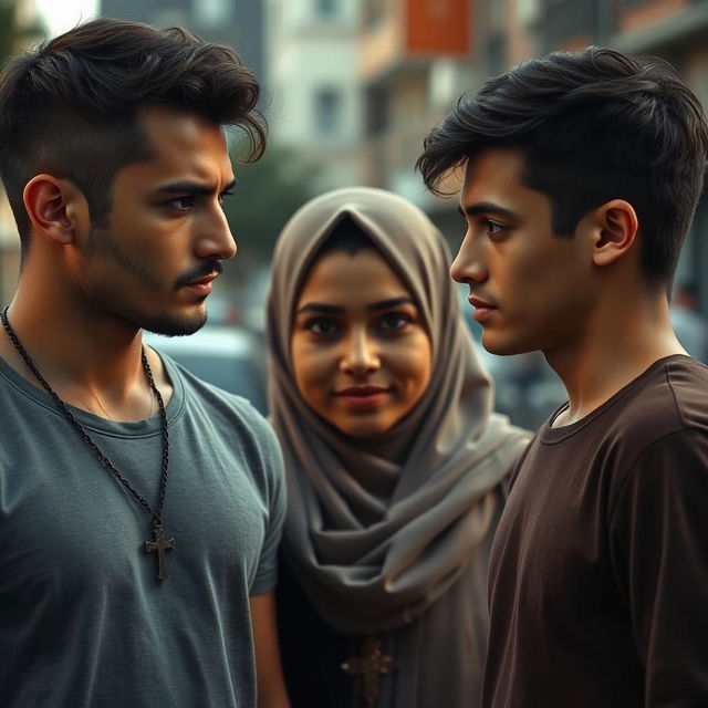 A young, rugged man wearing a cross necklace, a Muslim woman in the center with a warm, inviting expression, and a younger man, slightly younger than the first, positioned to the right