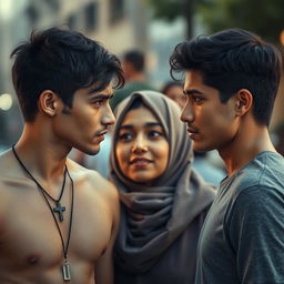 A young, rugged man wearing a cross necklace, a Muslim woman in the center with a warm, inviting expression, and a younger man, slightly younger than the first, positioned to the right