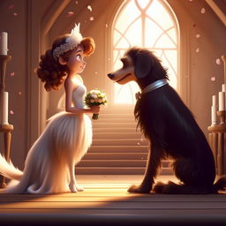 Continue the whimsical animated sequence with the anthropomorphic dog attending a wedding. Illustrate a moment when his gaze falls upon a beautiful woman. Her beauty should radiate in the setting, capturing his utter enchantment.