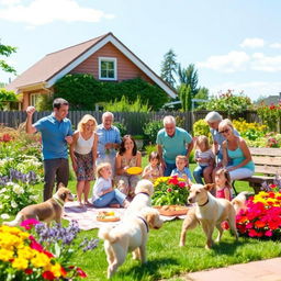 A family gathered in a beautifully landscaped garden ten years in the future, enjoying a sunny day filled with laughter and joy