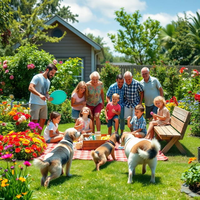 A family gathered in a beautifully landscaped garden ten years in the future, enjoying a sunny day filled with laughter and joy