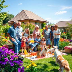 A family gathered in a beautifully landscaped garden ten years in the future, enjoying a sunny day filled with laughter and joy