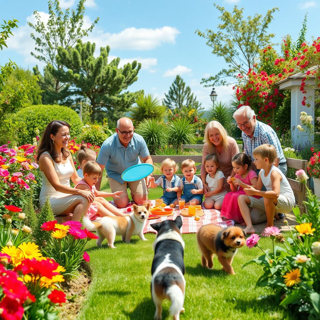 A family gathered in a beautifully landscaped garden ten years in the future, enjoying a sunny day filled with laughter and joy