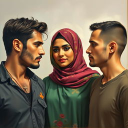 A young rugged American man with a cross necklace stands on the left, gazing intently at a beautiful Muslim woman in the center, dressed in a colorful hijab, radiating grace and charm