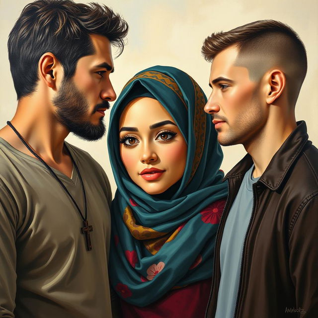 A young rugged American man with a cross necklace stands on the left, gazing intently at a beautiful Muslim woman in the center, dressed in a colorful hijab, radiating grace and charm