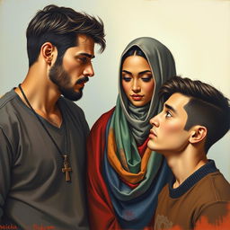 A young rugged American man with a cross necklace stands on the left, gazing intently at a beautiful Muslim woman in the center, dressed in a colorful hijab, radiating grace and charm