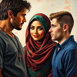 A young rugged American man with a cross necklace stands on the left, gazing intently at a beautiful Muslim woman in the center, dressed in a colorful hijab, radiating grace and charm