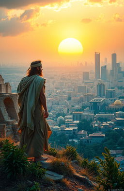 A dramatic and inspirational scene depicting Nehemiah standing atop a high hill, overlooking a grand city skyline that symbolizes the transition from the old to the new