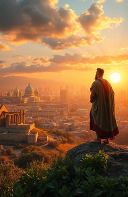 A dramatic and inspirational scene depicting Nehemiah standing atop a high hill, overlooking a grand city skyline that symbolizes the transition from the old to the new