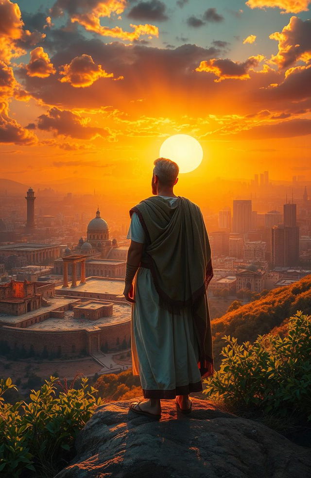 A dramatic and inspirational scene depicting Nehemiah standing atop a high hill, overlooking a grand city skyline that symbolizes the transition from the old to the new