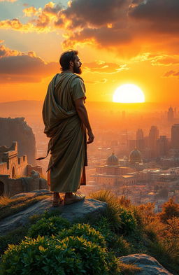 A dramatic and inspirational scene depicting Nehemiah standing atop a high hill, overlooking a grand city skyline that symbolizes the transition from the old to the new