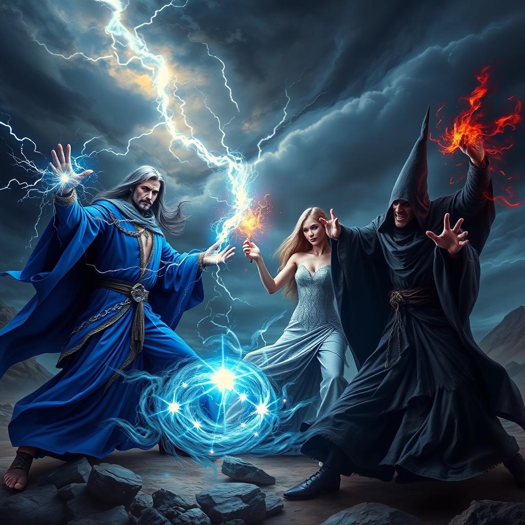 An epic scene showcasing a powerful sorcerer and sorceress fighting together against an evil wizard in a dark, mystical landscape