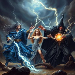 An epic scene showcasing a powerful sorcerer and sorceress fighting together against an evil wizard in a dark, mystical landscape