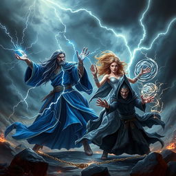 An epic scene showcasing a powerful sorcerer and sorceress fighting together against an evil wizard in a dark, mystical landscape