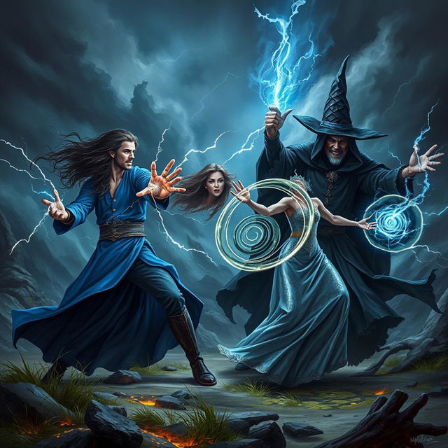 An epic scene showcasing a powerful sorcerer and sorceress fighting together against an evil wizard in a dark, mystical landscape