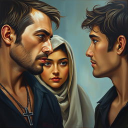 A young, rugged American man with a cross necklace on his chest, gazing at a Muslim girl at the center of the composition