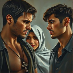A young, rugged American man with a cross necklace on his chest, gazing at a Muslim girl at the center of the composition