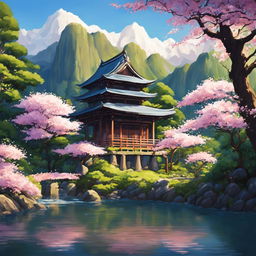 A Studio Ghibli-style image of an ancient Japanese temple surrounded by a lush forest and blooming sakura trees.