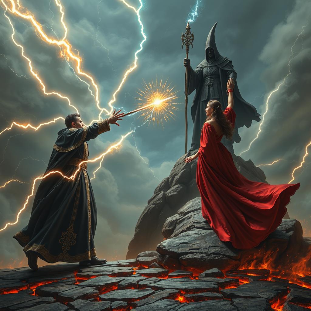 An epic confrontation between a powerful sorcerer and sorceress united against an evil figure