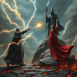 An epic confrontation between a powerful sorcerer and sorceress united against an evil figure