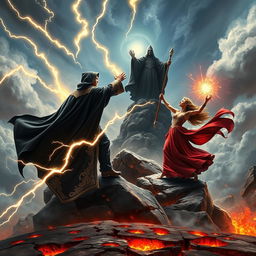 An epic confrontation between a powerful sorcerer and sorceress united against an evil figure