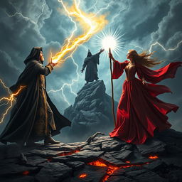An epic confrontation between a powerful sorcerer and sorceress united against an evil figure