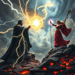 An epic confrontation between a powerful sorcerer and sorceress united against an evil figure