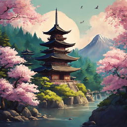 A Studio Ghibli-style image of an ancient Japanese temple surrounded by a lush forest and blooming sakura trees.