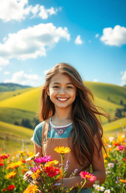 A vibrant countryside scene featuring a young woman named Sophia with a radiant and innocent face