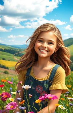 A vibrant countryside scene featuring a young woman named Sophia with a radiant and innocent face