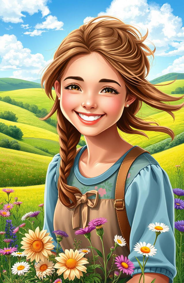 A vibrant countryside scene featuring a young woman named Sophia with a radiant and innocent face