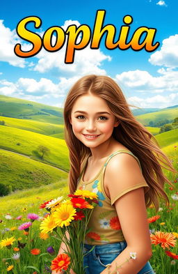 A vibrant countryside scene featuring a young woman named Sophia with a radiant and innocent face