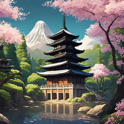 A Studio Ghibli-style image of an ancient Japanese temple surrounded by a lush forest and blooming sakura trees.