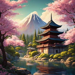 A Studio Ghibli-style image of an ancient Japanese temple surrounded by a lush forest and blooming sakura trees.