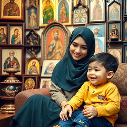A young Muslim woman, wearing a beautiful hijab, sits in a cozy room filled with various icons and religious artifacts