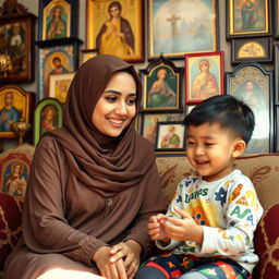 A young Muslim woman, wearing a beautiful hijab, sits in a cozy room filled with various icons and religious artifacts