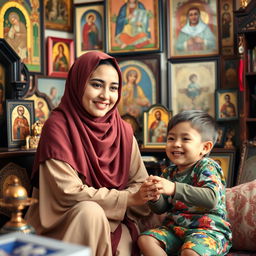 A young Muslim woman, wearing a beautiful hijab, sits in a cozy room filled with various icons and religious artifacts