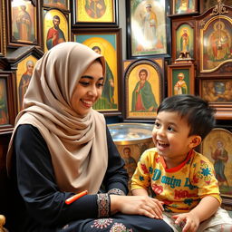 A young Muslim woman, wearing a beautiful hijab, sits in a cozy room filled with various icons and religious artifacts