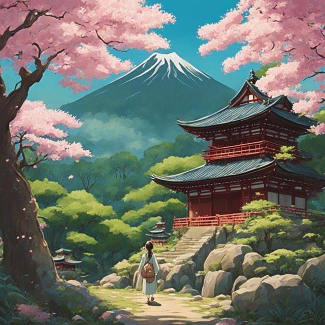 A Studio Ghibli-style image of a person standing in a lush forest, with an ancient Japanese temple in the background and blooming sakura trees all around